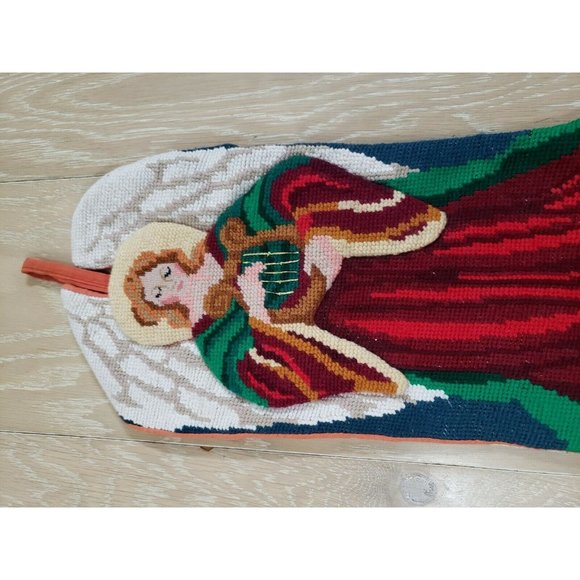 Vintage Blank Needlepoint Christmas Stocking Texturized Angel Playing Harp 21" - Picture 4 of 8